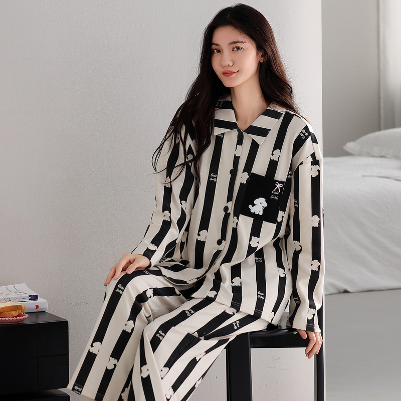 Wool Silk Thermal Pajamas for Women, Long-Sleeve and Long-Pants Set with a Turn-Down Collar, Fleece-Lined and Thickened for Autumn and Winter Loungewear