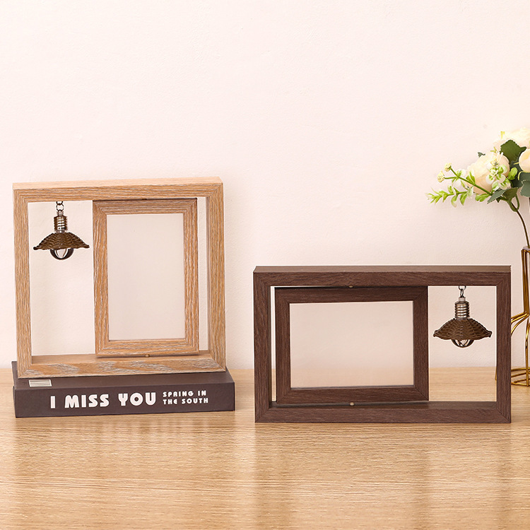 Cross-Border Creative Double-Sided Rotating 6inch 7inch Wooden Pet Memorial Photo Frame Stand with Light, Personalized Couple Gift