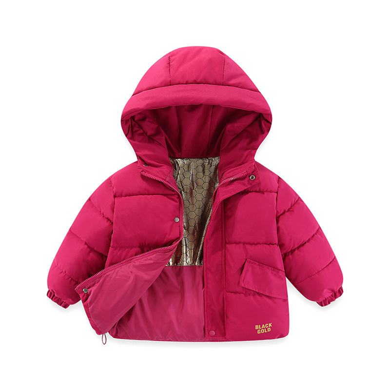 Abrigo infantil de invierno 2025 nuevo tipo con capuchón de terciopelo caliente coreano para niños pequeños y medianos que salen a prueba de viento, ropa de algodón cálida ocio