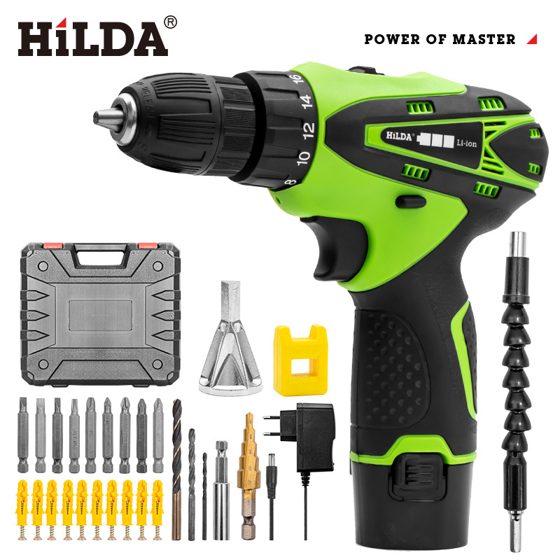 Hilda 12V destornillador inalámbrico taladro eléctrico doble velocidad batería de litio recargable luz LED 2 piezas impermeable mano Taladro