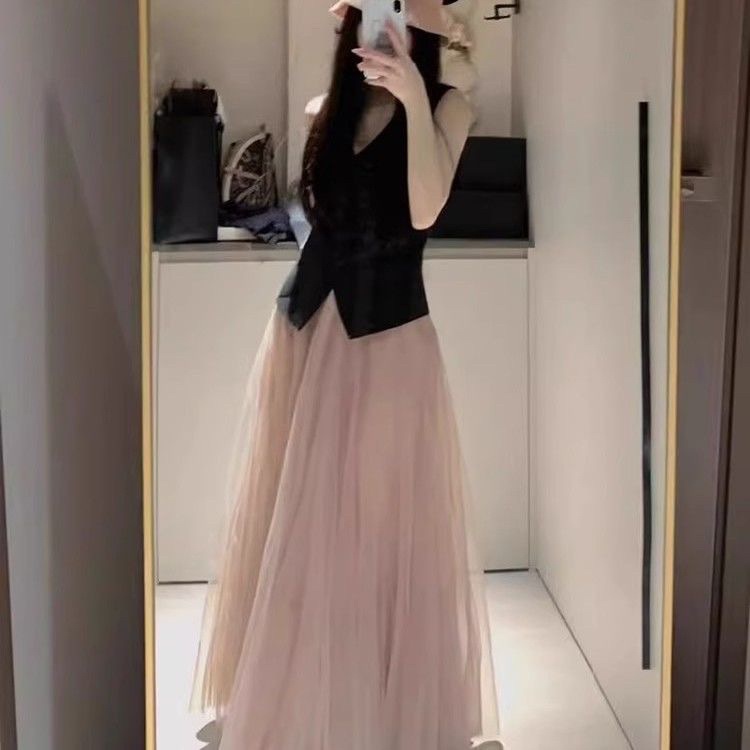 新しい夏ピンクガーゼスカートハイウエストニッチミッドレングスメッシュスカート女性のためのスーパーフェアリーアンブレラスカートドレープ送料無料|undefined