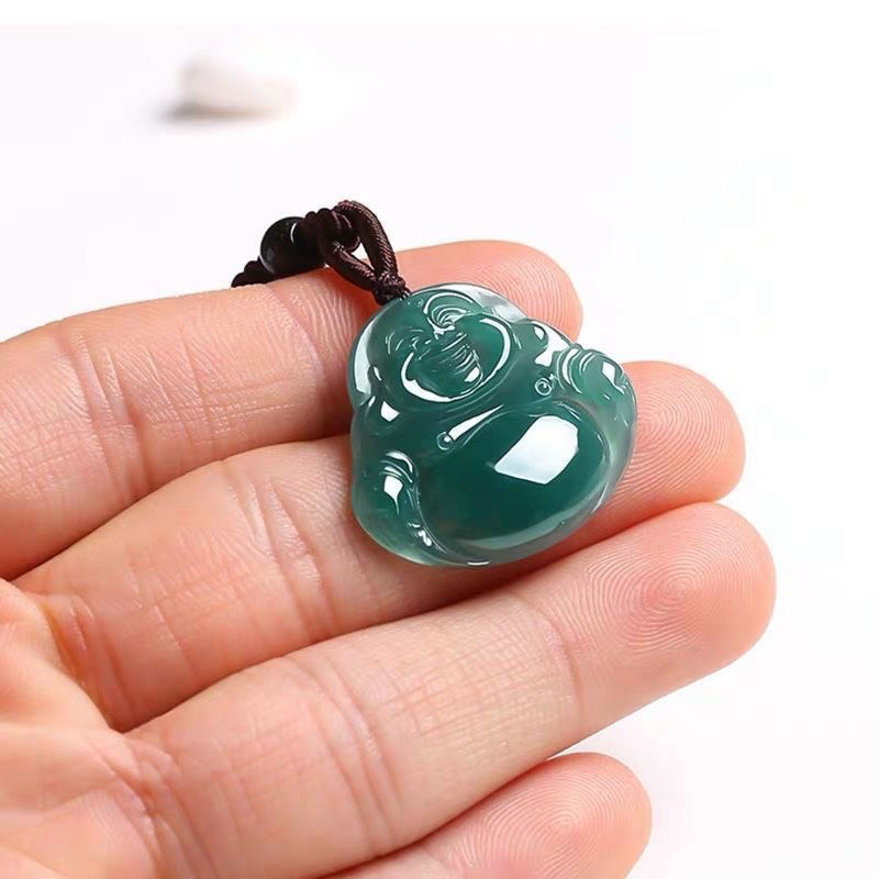 Mặt dây chuyền ngọc bích tự nhiên A hàng Phật Di Lặc dát vàng 18K cho nữ