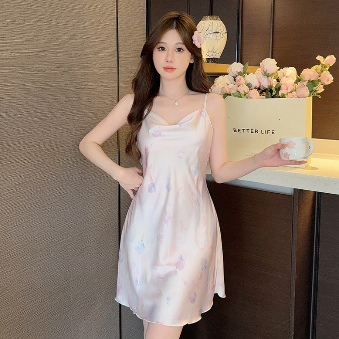 Verano 2024 pijamas camisón de tirantes de las mujeres puro deseo estilo de alto grado sentido swing collar satén camisón Delgado desgaste del hogar Comercio exterior