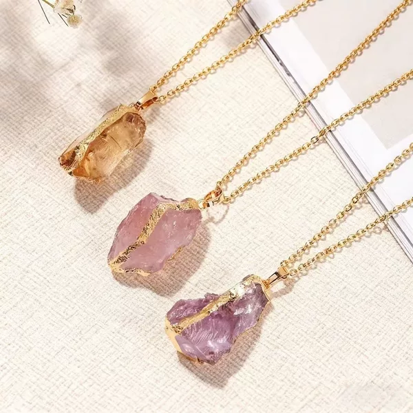 Cross-Border Natural Stone Asymmetrical Raw Stone Crystal Electroplated Gilt Pendant Pink Crystal Citrine DIY Jewelry Accessories