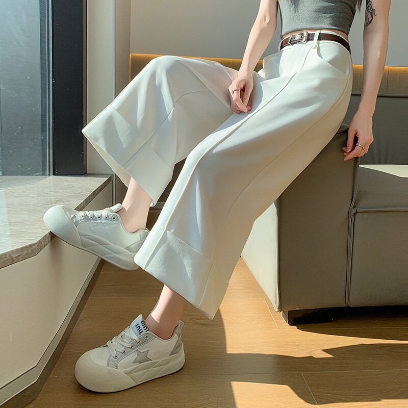 Real Shot of Women's Spring High-Waisted Drapey Casual Straight-Leg Pants, Slimming Cropped Trousers for Petite Figures Real Shot of Women's Spring High-Waisted Drapey Casual Straight-Leg Pants, Slimming Cropped Trousers for Petite Figures