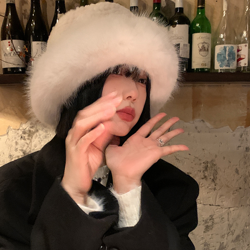Gorro de felpa blanco para mujer en invierno, versión coreana, que muestra cara pequeña, calidez espesa, gorro de pescador, cabeza grande,_voghion.com
