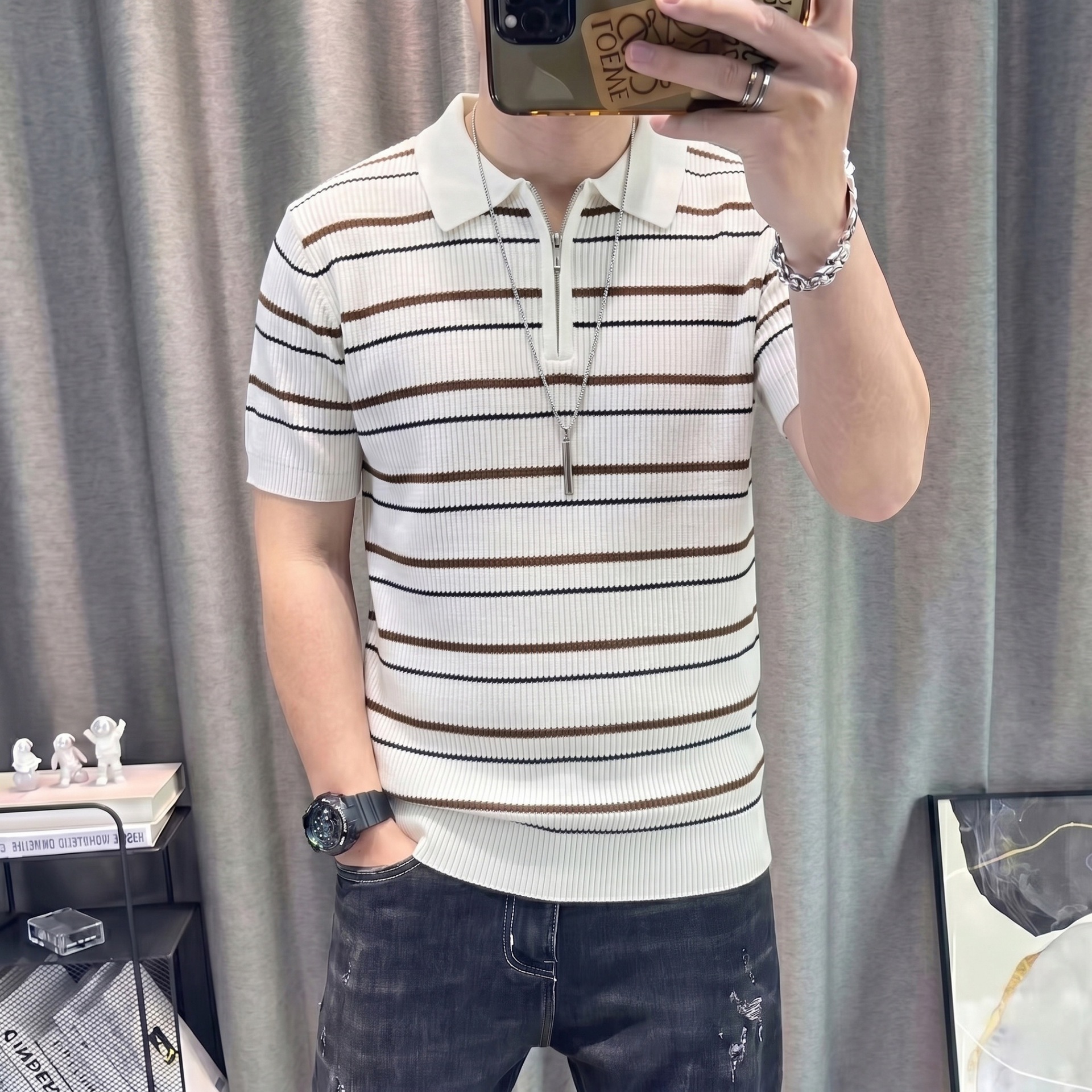 Polo camiseta camiseta de punto camiseta de manga corta camiseta de hombre medio cremallera estriada textural viejo viento de verano fábrica transfronteriza al por mayor