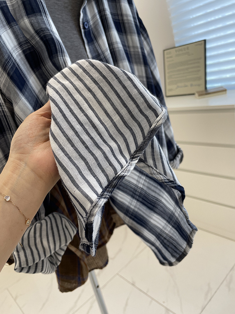 Áo sơ mi nữ dài tay vải gạc cotton hai lớp họa tiết kẻ sọc cổ điển dáng rộng — Kẻ sọc xanh (Bộ sưu tập mùa hè) chi tiết 6