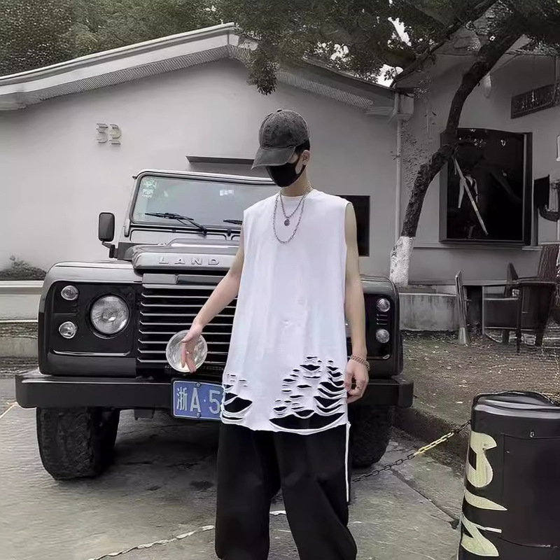 Summer Pure Cotton Vest Men's Hems Hole Handsome Outer Wear Sleeveless T-shirt Ins Fashion Brand Hong Kong Style Inner Fashion Base Shirt
