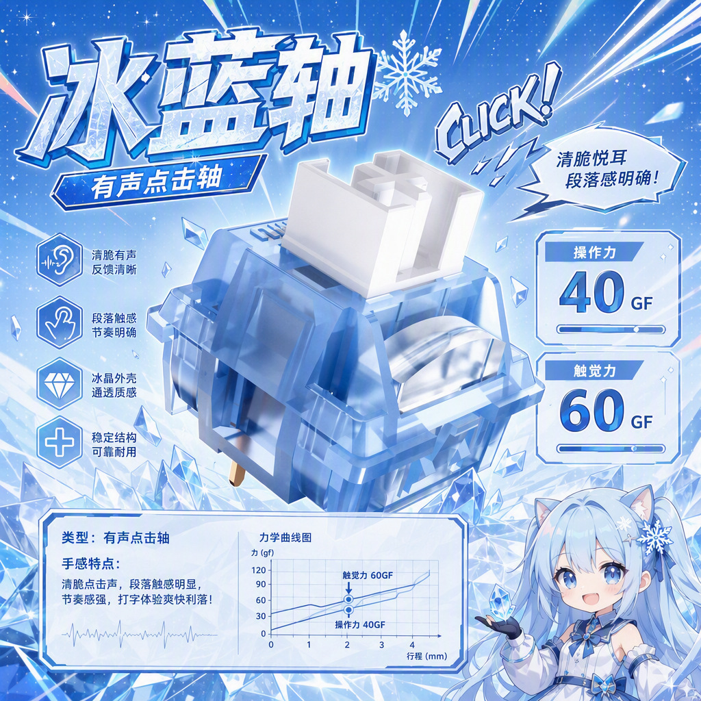 High-Quality Ice Blue Switches Suitable for Mechanical Keyboards, 5-Pin, Sound-Producing, Individually Packaged