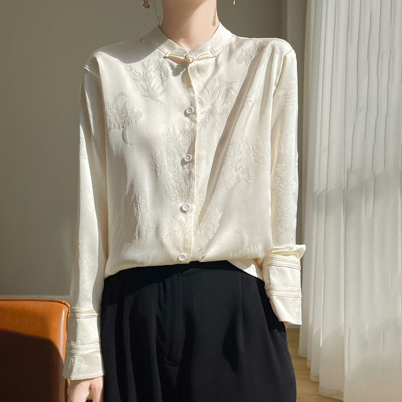 Silk Satin 2026 Spring/Summer New Women's Satin New Chinese Style Stand Collar Buttoned Long-Sleeve Shirt Short Floral Top