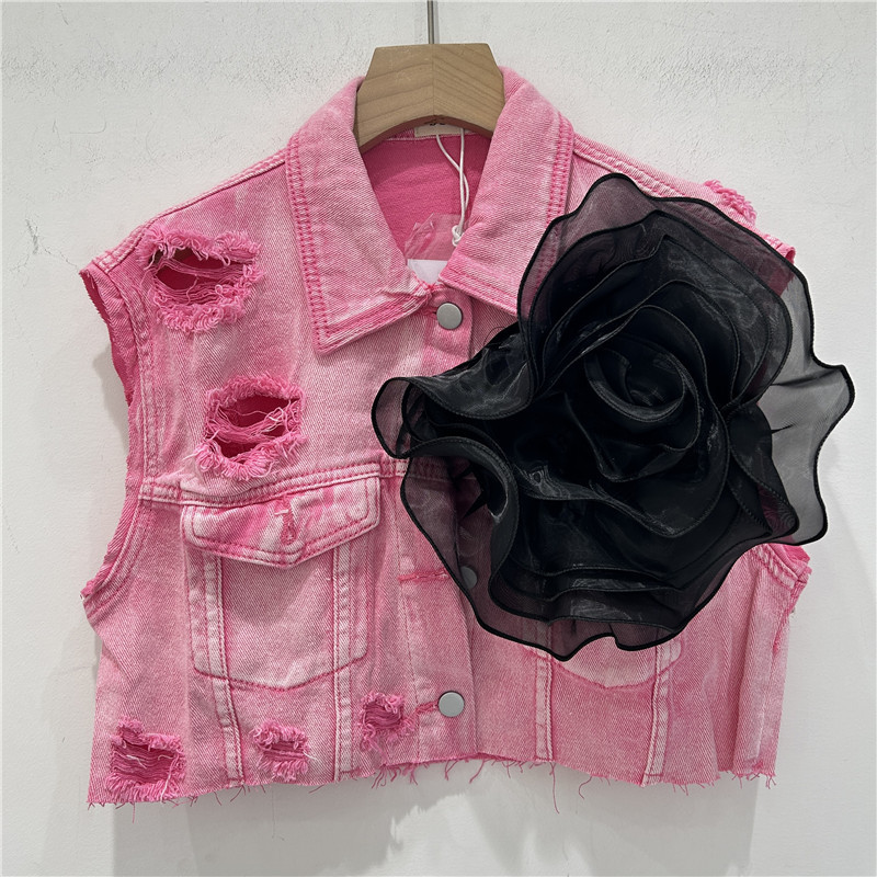 Personalidad europea agujero de bordes de lana chaqueta de vaquero chaqueta de mujer con flores tridimensionales 2024 nuevo clip de caballo corto image 3