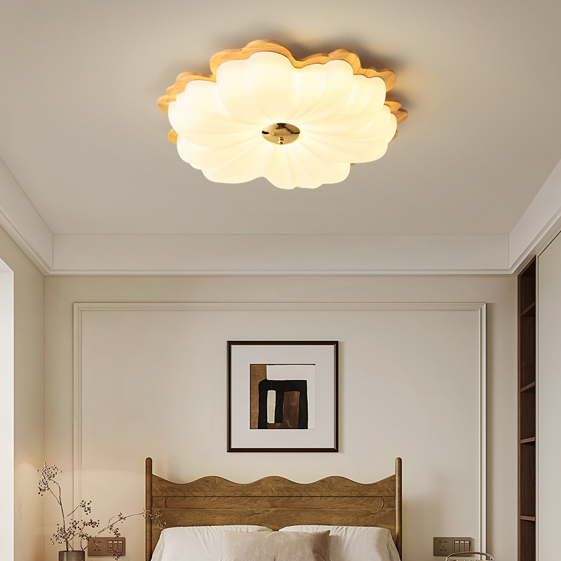Lámpara de techo de dormitorio de color nogal, pétalos de madera maciza de estilo antiguo, espectro completo, protección ocular, habitación de libro súper brillante, lámpara de habitación para niños