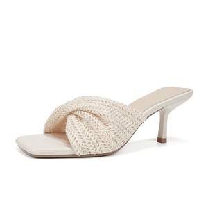 1296-2 French square toe woven cross thin strap high-heeled slippers for women's outerwear temperament, slim heels,