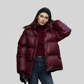 跨境外贸冬季新款气质保暖红色连帽棉服夹棉棉衣面包服欧美女装