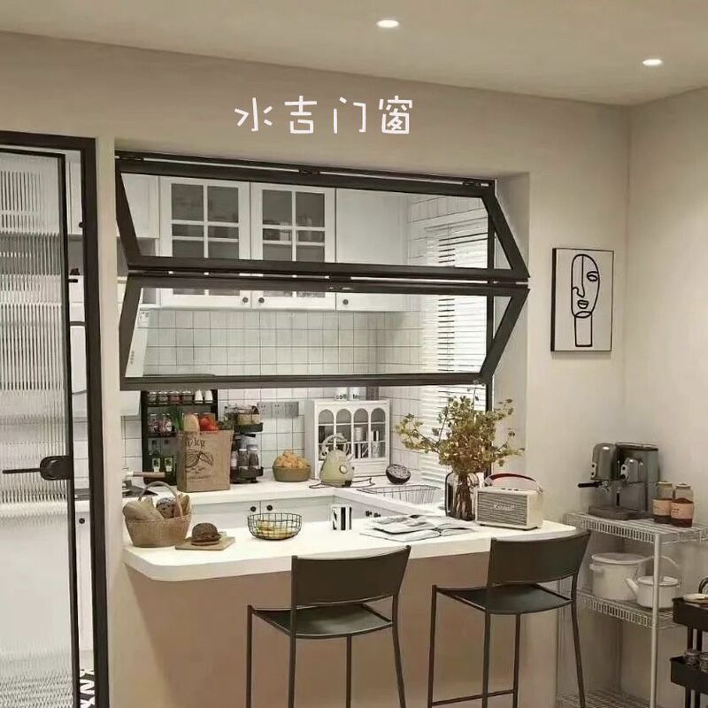 Upper and Lower Foldableing Windows Aluminum Alloy Full-Open Window Coffee Milk Tea Shop Kitchen Bar Window Glass Lift Hover Sliding Window
