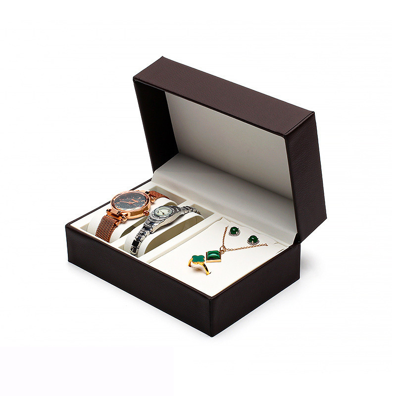 Caja de reloj con tapa de PU, caja de reloj de par de parejas, caja de regalo con conjunto de collar de reloj, joyero, lista para románticos