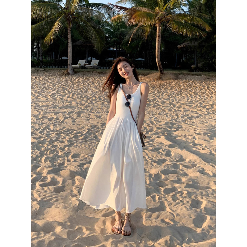 2088 #   Mulvan White Knitted Suspender Dress for Women, High-End Elegant Long Skirt, Waist-Cinching Sleeveless Tank Dress