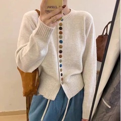 单排彩色纽扣复古酒红色毛衣外套女感气质百搭减龄洋气针织衫