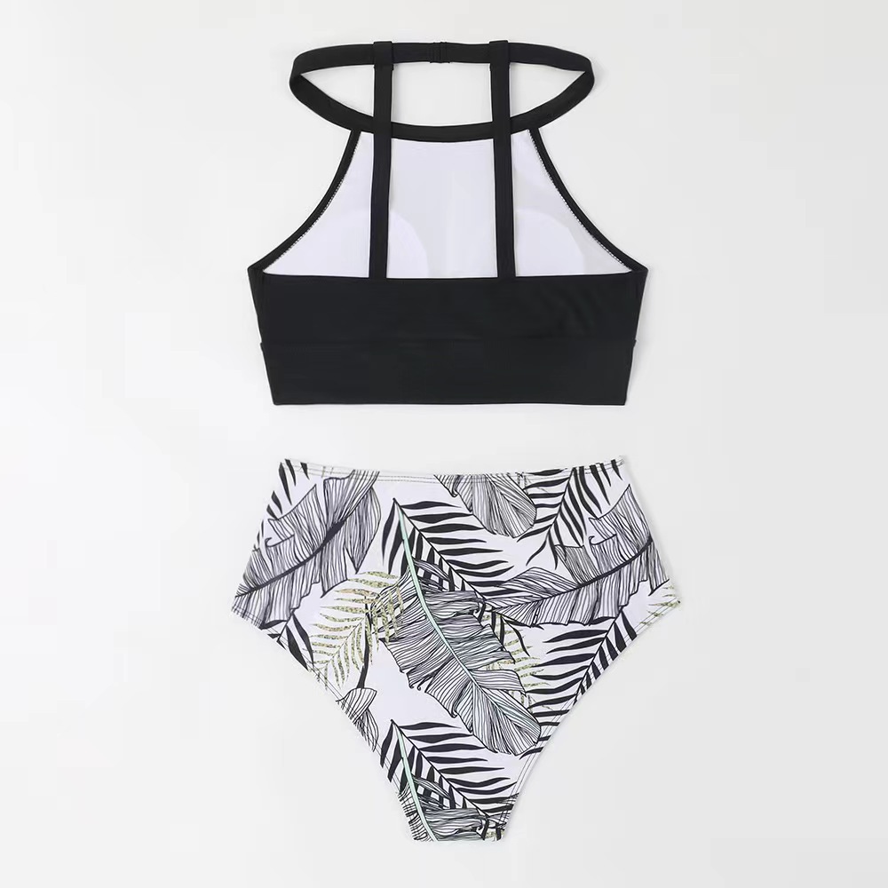 Women's Sexy High-Waisted Two-Piece Bikini Swimsuit High Neck Tie-Detail Abstract Print Polyester Nylon Regular Fit For Spring/Summer_ecoleips.com