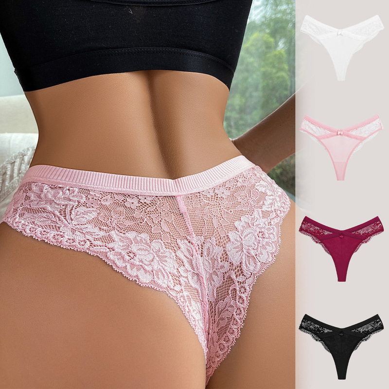 2024 foreign trade new lace bow thong cross-border solid color half hip low waist ladies underwear