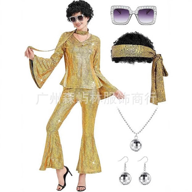 Cross-border New Halloween 7080 s Old Age Disco Bronzing Sequin Performance Horn Trousers V-Neck suit Cross-border New Halloween 7080 s Old Age Disco Bronzing Sequin Performance Horn Trousers V-Neck suit