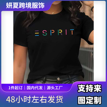 卡通艺术字母印花图案-优雅时尚-女士圆领套头T恤休闲运动短袖S-X