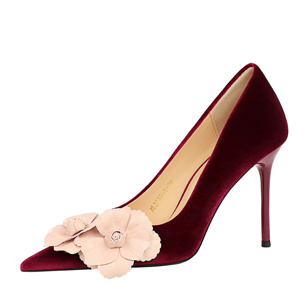 3739-H57 European And American Style Banquet High Heels Stiletto Suede Shallow Mouth Pointed Toe Color Block Flower_vogvips.com