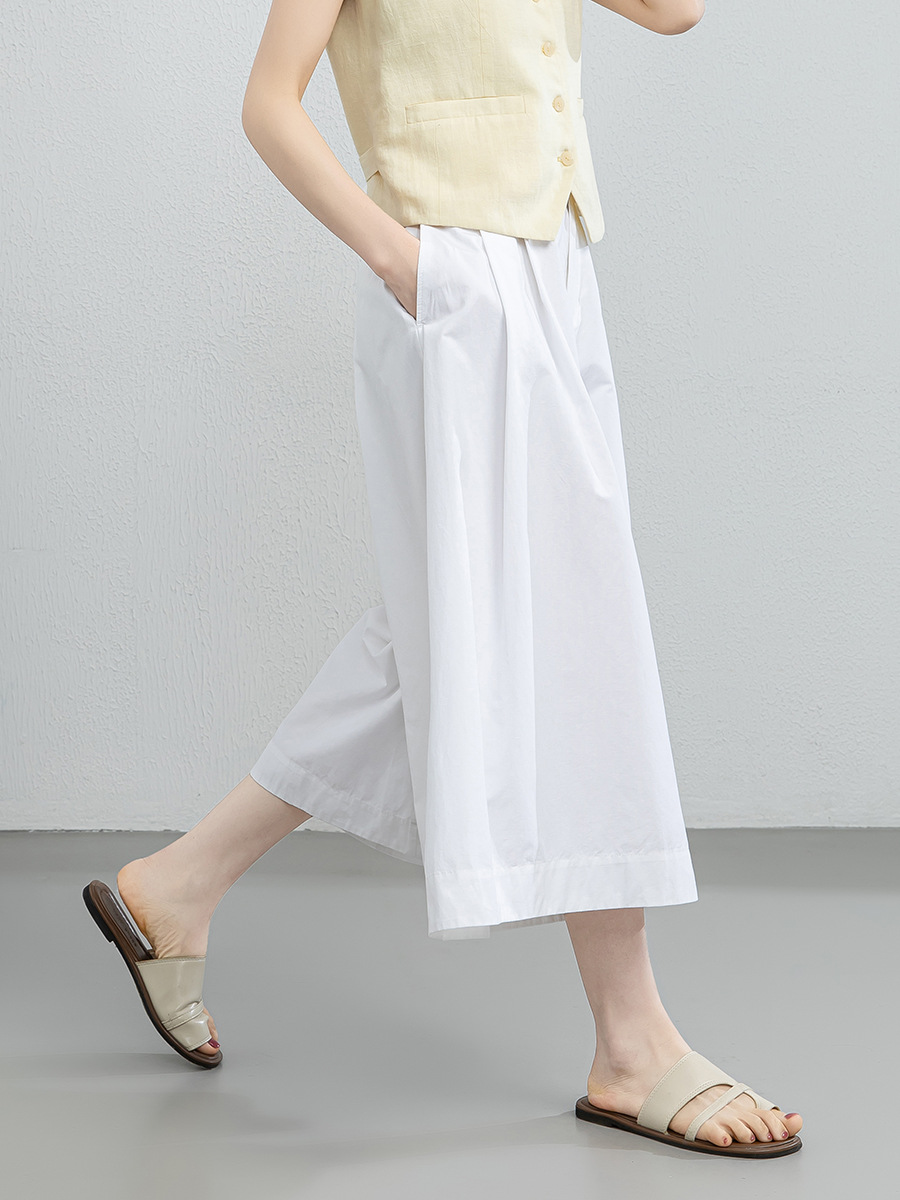 Quần culottes nữ ống rộng cạp cao vải linen cotton mỏng nhẹ mùa hè — màu trắng