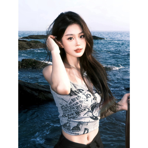 Sleeveless short gray letter printed suspender short vest for women V-neck tight inner and outer wear hot girl breast wrap