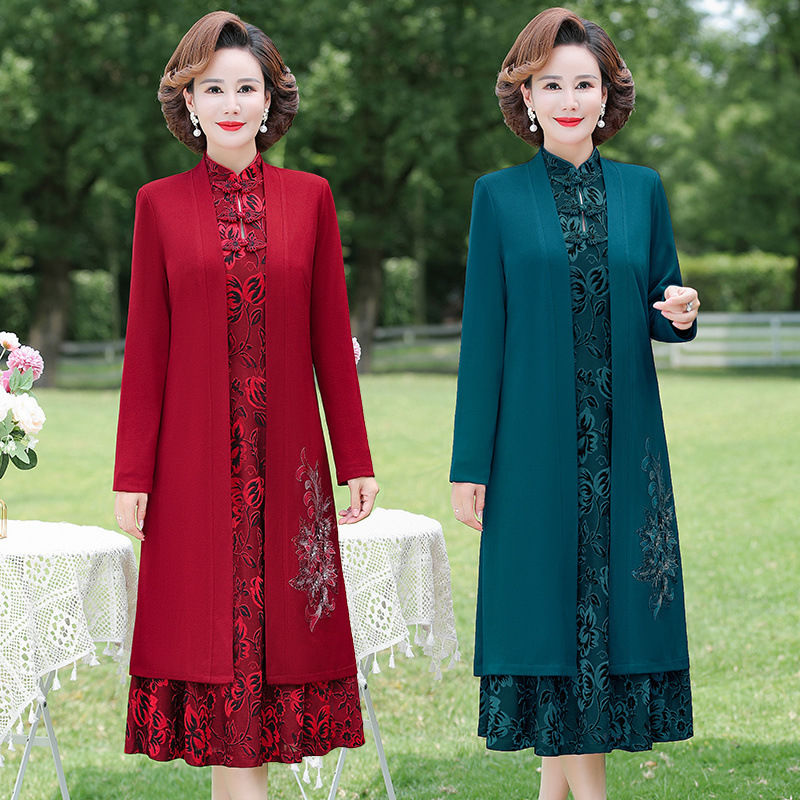 春秋款妈妈连衣裙两件套装气质高贵中老年女秋装高档洋气长袖裙子