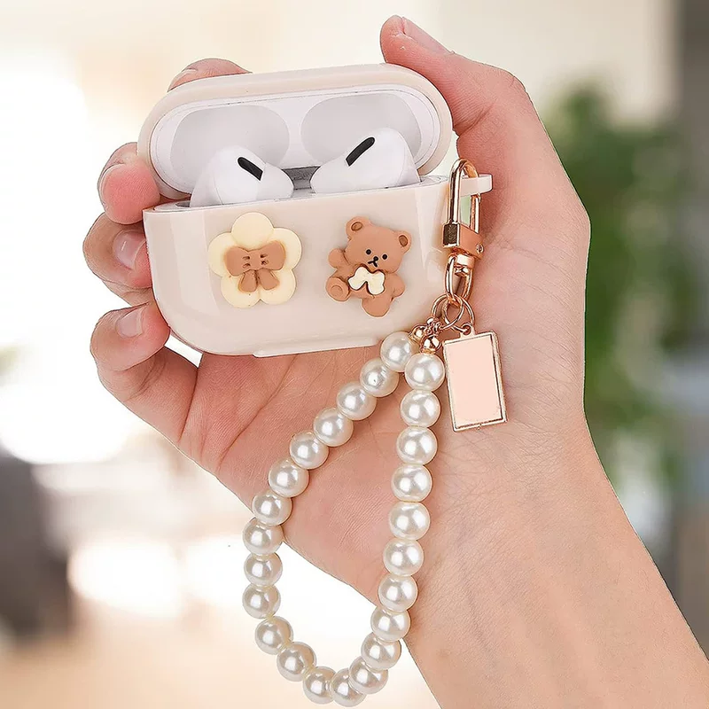 Защитный чехол для AirPods (1/2/3/4, Pro/Pro2/Pro3) — милый 3D мультяшный бежевый с жемчужным ремешком