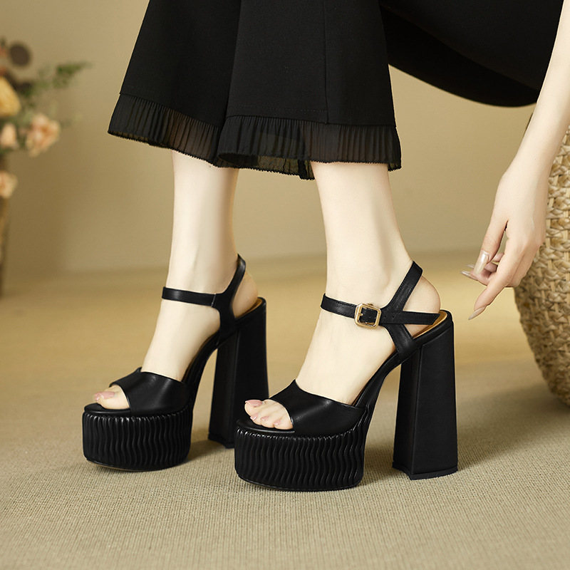 Sandal cao gót nữ quai ngang miệng cá đế xuồng 15 cm da thật — Màu đen