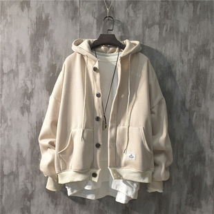 Autumn and Winter ins pocket labeling design hooded coat men's Korean-style trendy plus size loose fashion brand button cardigan sweater