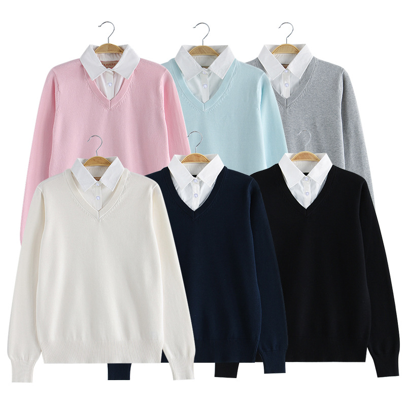 Chuandao Autumn and Winter JK Uniform Pullover Sweater Women's Japanese Style Solid Color V-neck Knitted Sweater with Long Sleeve Fake Two Pieces