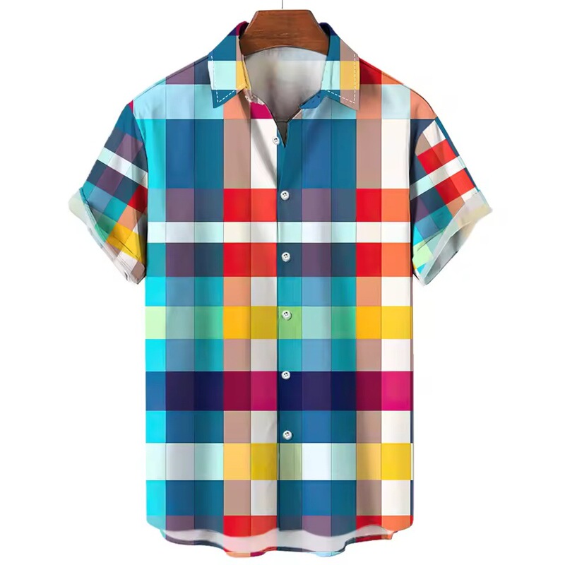 2025 Hawaiian Rainbow Colorful Plaid Shirt Men's 3D Fashion Casual Short-Sleeved Simple Button Summer