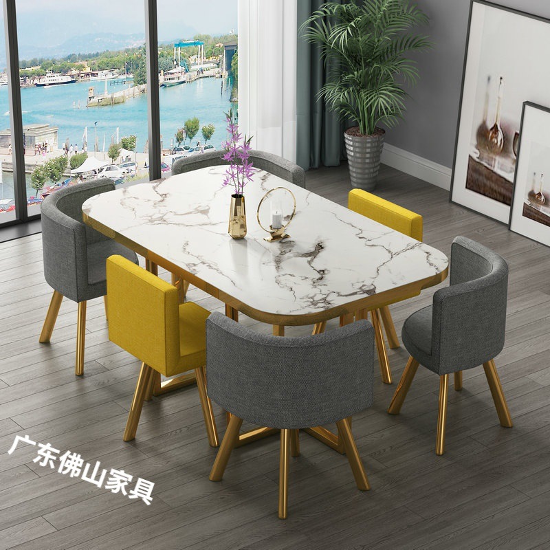 150*90 imitación piedra patrón Phnom Penh amarillo gris oscuro tela una mesa seis sillas estante dorado