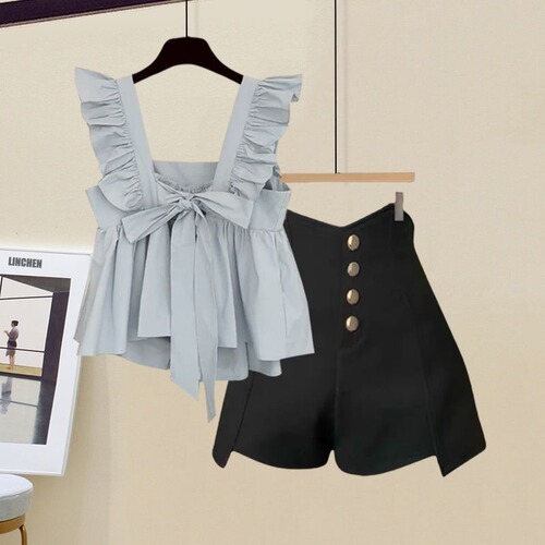 Sweet Lace-Back Two-Piece Butterfly Bow Straps Flying Sleeve Women's Summer Minority Cover Stomach Slimming Top