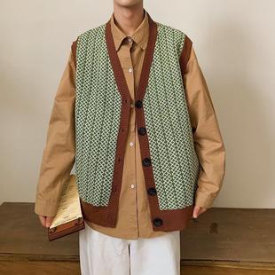 NAGAWL Autumn and Winter Loose Fashionable All-Match Rhombus Curry Retro Knitted Cardigan Sweater Jacket for Men and Women Japanese Style