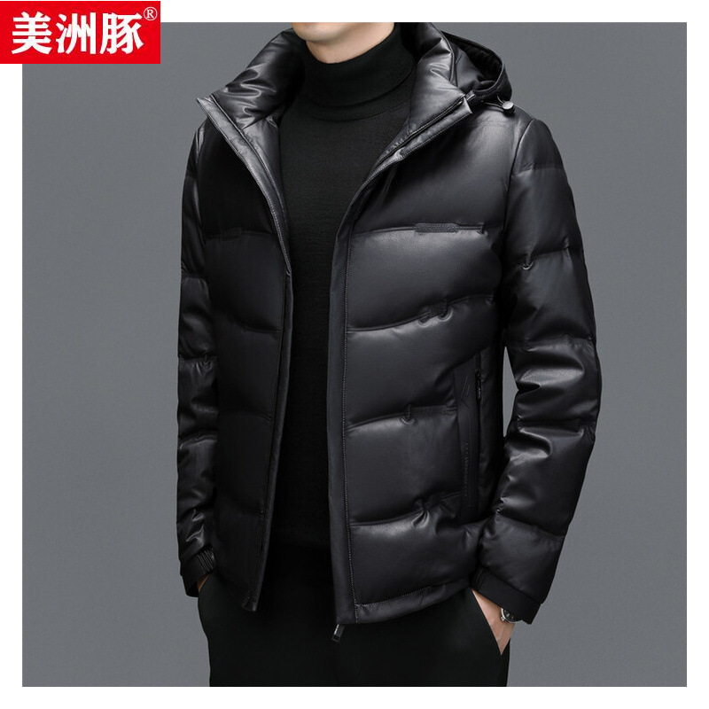 直播爆款男士冬季连帽可拆卸羽绒服中青年男装保暖皮羽绒服外套