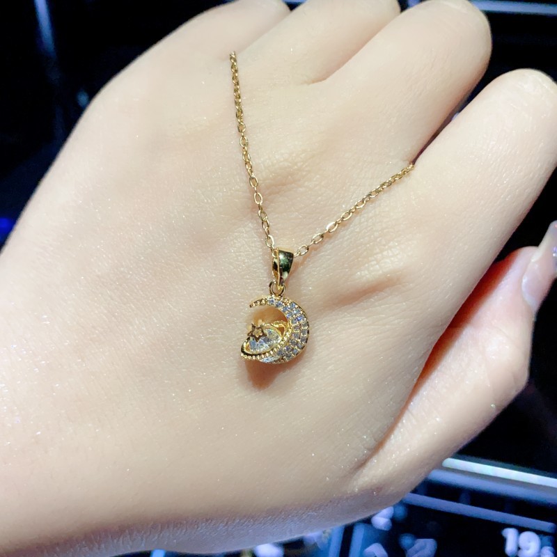 1 Piece Quantity Elegant Basic Streetwear Star Moon Titanium Steel Zircon Pendant Necklace In Bulk