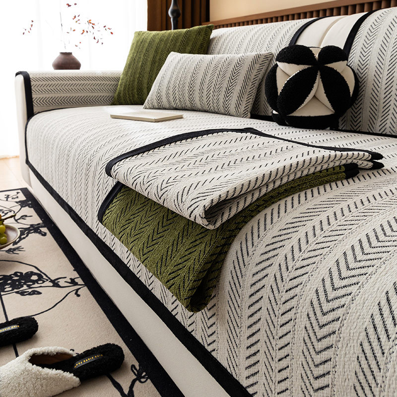 Sofa Cushion for All Seasons, Non-Slip Fishbone Pattern, French Mid-Century Style, Simple Straight Row Cushion Cover, Sofa Cover Cover