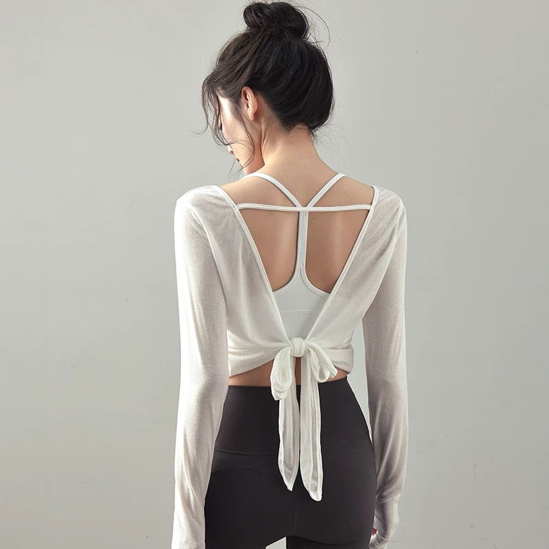 Jiyi Spring New Back Hollow Split Butterfly Tie-knot 블라우스 빠른 건조 통기성 탑 요가 옷