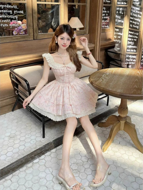 樱织花翎温柔碎花连衣裙女夏季甜美小飞袖公主蛋糕裙收腰蓬蓬裙子|undefined