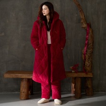 冬季三层夹棉大红睡衣套装开衫连帽加厚加绒保暖可外穿棉袄家居服