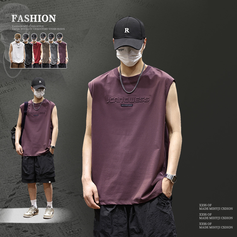 High-End Sleeveless Letter Embossed Vest Men's 2025 Summer New Japanese Style Trendy Brand Cool Loose Sports T-Shirt
