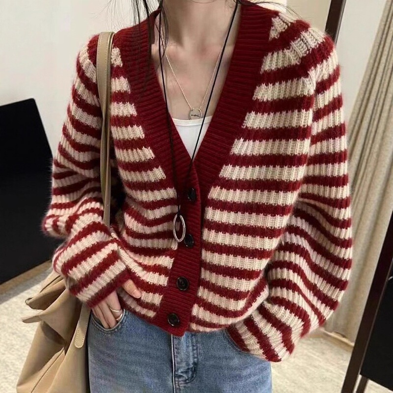 Korean Style Lazy Retro Striped V-Neck Sweater Jacket Autumn and Winter New Color-Blocking Loose Knit Cardigan Top for Women