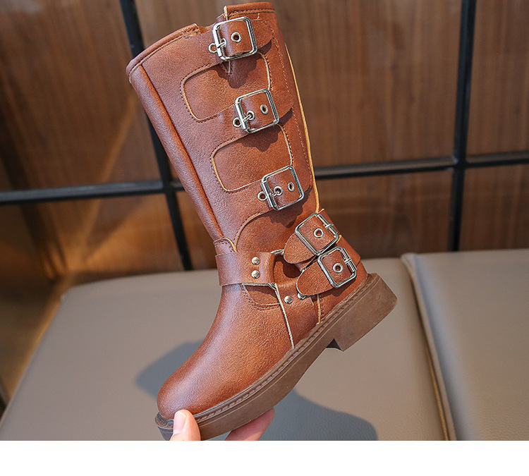 Bottes Martin montantes en cuir noires à fermeture éclair latérale pour filles et garçons de taille moyenne et grande, nouvelle collection automne 2024_voghion.com