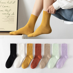 Pure Cotton Double-Needle Plain Color Autumn/Winter Vertical Striped Mid-Calf Socks for Girls, Combed Cotton, Absorbent and Breathable Women's Socks