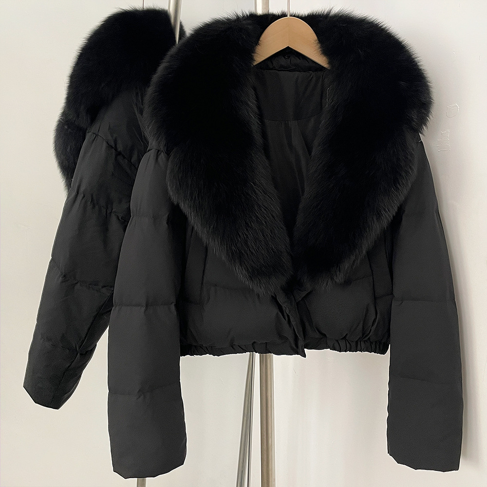 Elegant Short Down Jacket With Fox Fur Trim – Slim-Fit Winter Coat For Women, Detachable Hood & High-End Styling (Black/Brown Options, S/M Sizes)_voghion.com